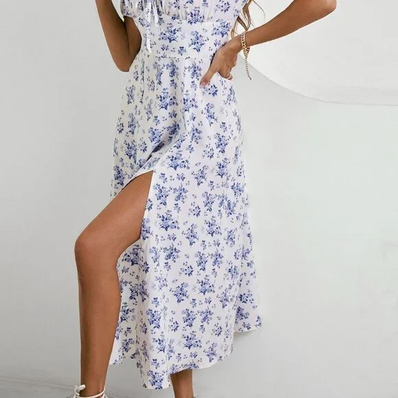 Blue & White Boho Womens Allover Floral Knot Split Thigh A-line Dress - Picture 4 of 5